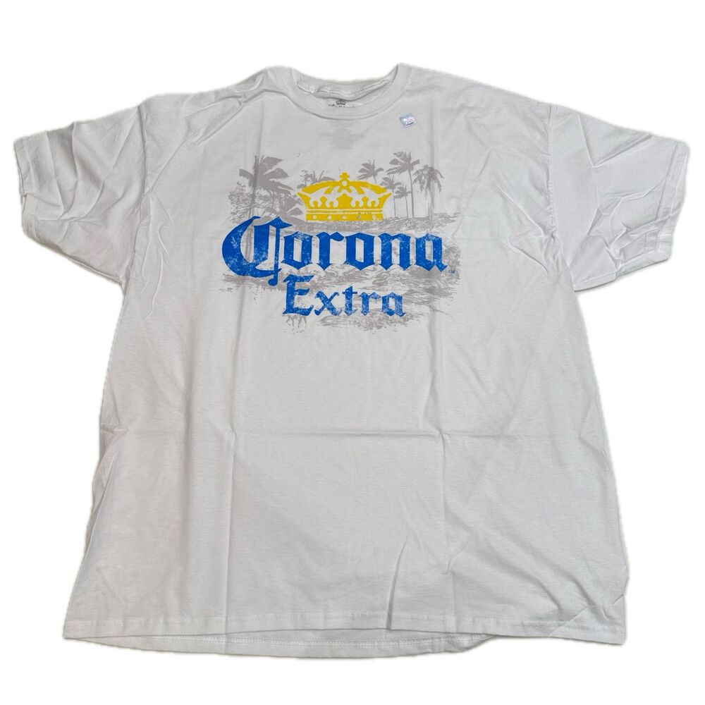 Corona Extra Beer Mens T-Shirt White Crown Palm Trees Beach Cotton Graphic NEW